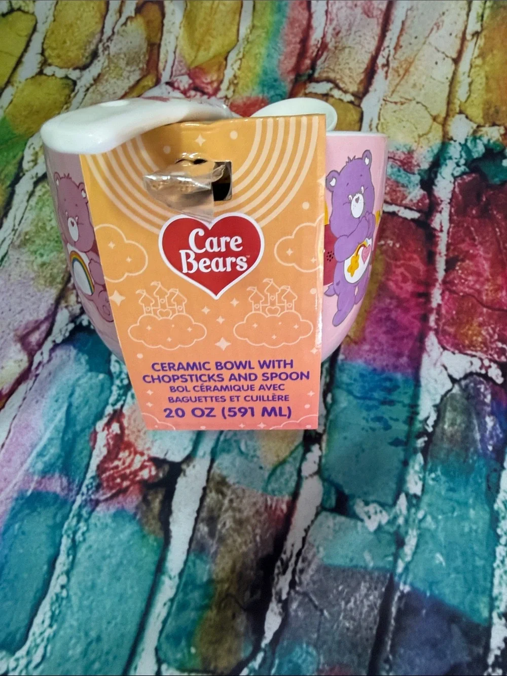 Care Bears White Ceramic Bowl Set with Pink Accent Spoon and Chopsticks